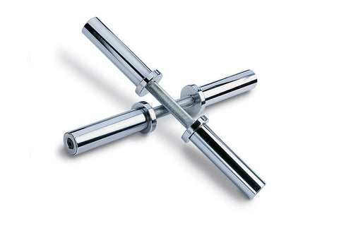 Warrior Olympic dumbbell handle with chrome plating, textured grip, and collar sleeves on white background