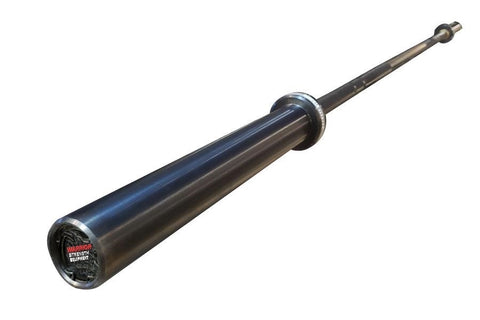 Black Cerakote Olympic barbell with 8 bearings, chrome collars, and knurled shaft on white background