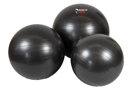 Three black anti-burst exercise balls with Warrior branding, varying sizes, on white background