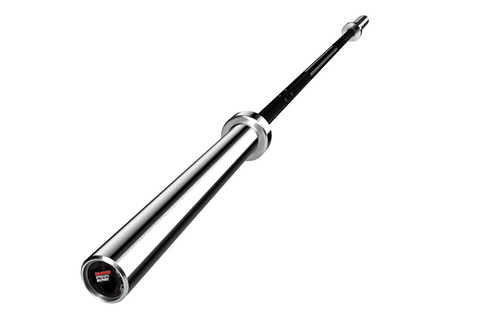 Warrior black zinc and chrome Olympic barbell with chrome sleeves and black grip shaft on white background