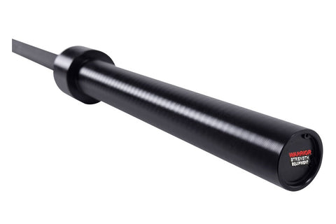 Black Cerakote Olympic barbell with 8 bearings, chrome collars, and knurled shaft on white background
