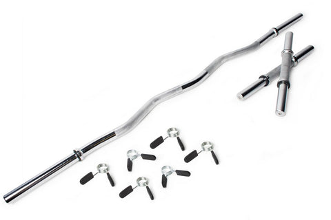 Warrior Standard 1" EZ-Curl Bar with grey knurled grip, curved steel bar, straight clamp collars, and six black rubber-grip c