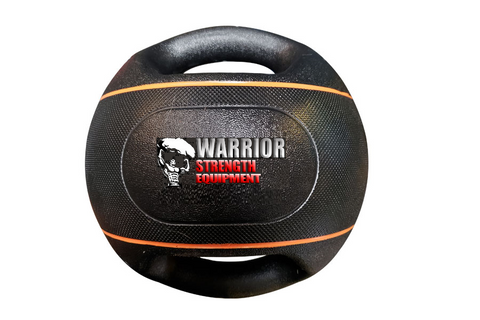Three black Warrior Strength medicine balls with dual grip handles and white stripe detail on white background