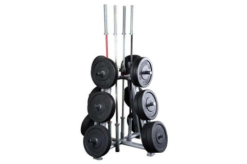 Warrior Club Pro weight and bar tree with black rubber plates and chrome weight plates mounted on gray vertical posts with fo