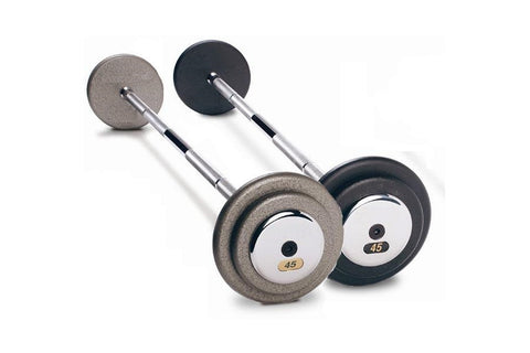 Pair of cast-iron dumbbells with gray and black textured plates, chrome handles, labeled 45 lbs, on white background