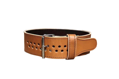 Tan leather weightlifting belt with prong buckle and perforated hole pattern, displayed on white background