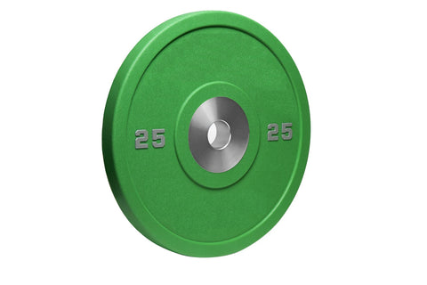 Green 25-pound urethane bumper plate with stainless steel center ring on white background
