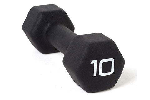 Pair of black neoprene-coated dumbbells with white "10" markings on white background