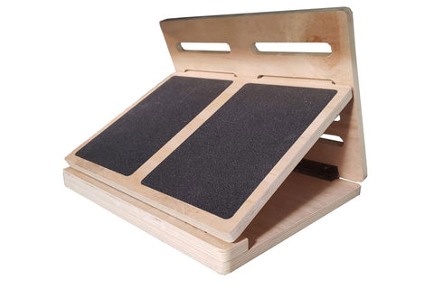 Warrior Foldable Slant Board with natural wood frame and two black grip pads, angled position on white background
