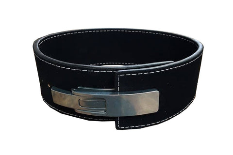 Black leather weightlifting belt with white stitching and silver lever buckle closure, shown on white background
