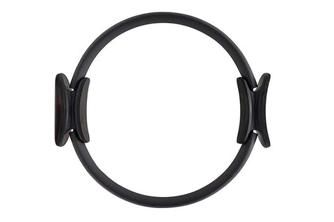 Black pilates magic ring with cushioned handles on white background, flat lay view