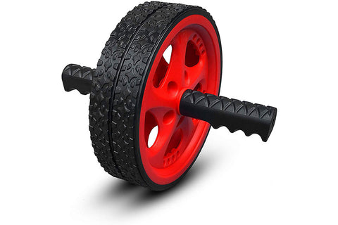 Warrior Power Ab Wheel with red plastic rim, black textured tire, and black foam handles on white background