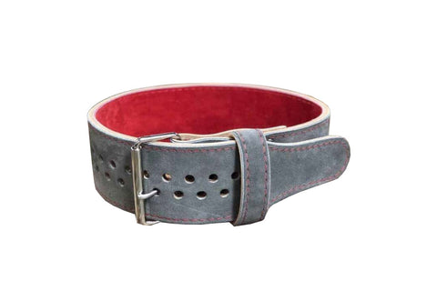 Gray leather weightlifting belt with red suede interior, metal buckle, and ventilation holes on white background
