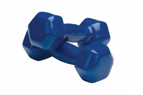 Pair of navy blue vinyl-coated dumbbells with glossy finish on white background