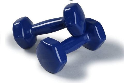 Pair of navy blue vinyl-coated dumbbells with glossy finish on white background