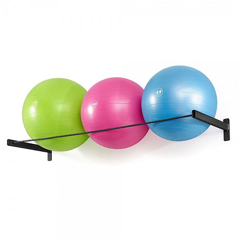 Wall-mounted gym ball rack holding three exercise balls in lime green, hot pink, and blue with black support arms