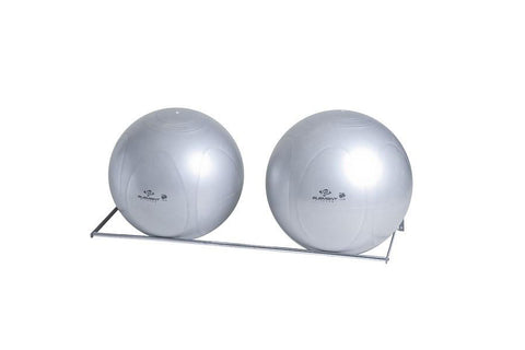 Wall-mounted gym ball rack holding three exercise balls in lime green, hot pink, and blue with black support arms